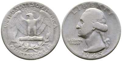 США 25 центов = квотер 1945 Вашингтон KM 164 серебро 4385-455