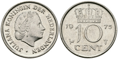 НИДЕРЛАНДЫ 10 ЦЕНТОВ 1975 ЮЛИАНА KM 182 никель 96-512