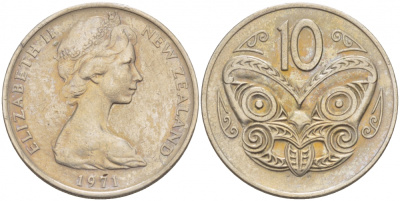 Новая Зеландия 10 центов 1971 Елизавета II (1952-2022), маска маори KM 41.1 медно-никель 212-1133