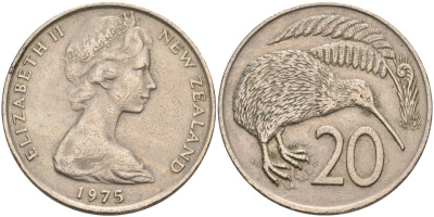 Новая Зеландия 20 центов 1975 Елизавета II (1952-2022), птичка киви KM 36.1 медно-никель 4131-1131