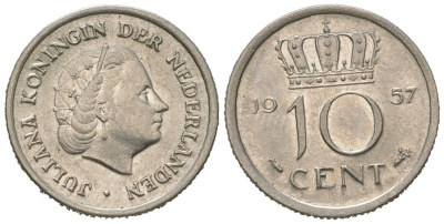 Нидерланды 10 центов 1957 Юлиана (1948-1980) KM 182 никель 4621-614