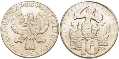 ПОЛЬША 10 ЗЛОТЫХ 1965 MW, PROBA, 700 ЛЕТ ВАРШАВЕ, РУСАЛКА С МЕЧОМ, ТИРАЖ 30000 ЭКЗ., ВЕС 12,8 ГР. KM Pr 133, Parchimowicz P.254а медно-никель UNC 413-1441