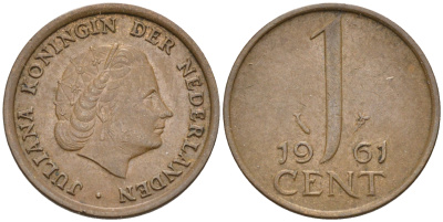 Нидерланды 1 цент 1961 Юлиана (1948-1980) КМ 180 бронза    4174-559