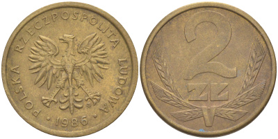 ПОЛЬША 2 ЗЛОТЫХ 1986 MW KM 80.2 латунь 187-953