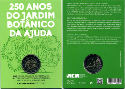 Португалия 2 евро 2018 250 лет ботаническому саду в Ажуде, запайка, картонный буклет KM 106 биметалл BUNC 3-4-8-32