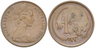 АВСТРАЛИЯ 1 ЦЕНТ 1974 ЕЛИЗАВЕТА II, МОЛОДОЙ ПОРТРЕТ, ОПОССУМ КМ 62 бронза 3851-1114