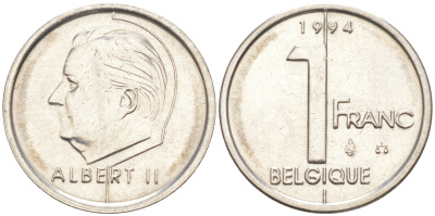 БЕЛЬГИЯ 1 ФРАНК 1994 BELGIQUE, АЛЬБЕРТ II (1993-) KM 187 железо плакированное никелем 187-935