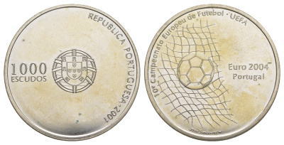 Португалия 1000 эскудо 2001 Чемпионат Европы по футболу 2004, Португалия KM 734 серебро BU 1088-2-23