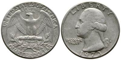 США 25 центов (квотер) 1973 D, Вашингтон KM 164а медь плакированная медно-никелем 57-623