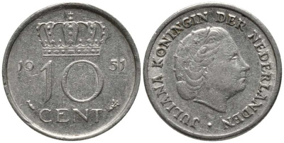 Нидерланды 10 центов 1951 Юлиана (1949-1980) KM 182 никель 112-735