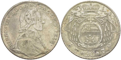 Австрия, Зальцбург 20 крейцеров 1779 М, Иеронимус фон Коллоредо (1772-1812) KM 431, Zottl 3273 серебро 413-1212