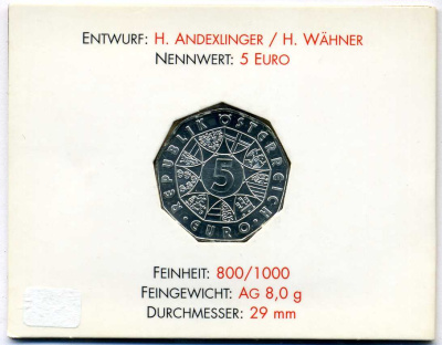 Австрия 5 евро 2002 250 лет Шенбруннскому зоопарку, в оригинальном буклете, орангутан KM 3091 серебро  UNC  7-5-6-41
