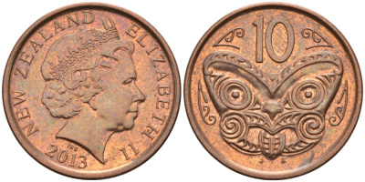 Новая Зеландия 10 центов 2013 маска Маори, Елизавета II (1952-) KM 117а сталь плакированная медью 84-446