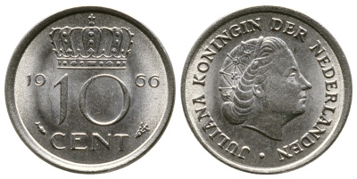 НИДЕРЛАНДЫ 10 ЦЕНТОВ 1966 ЮЛИАНА KM 182 никель 261-633