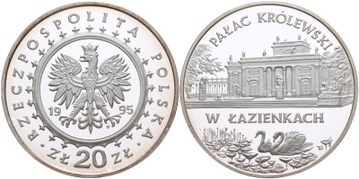 Польша 20 злотых 1995 MW, королевский замок в Лазенковском парке KM 296 серебро PROOF 1080-10-62