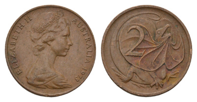 Австралия 2 цента 1973 Елизавета II (1952-2022), плащеносная ящерица KM 63 бронза 3336-136