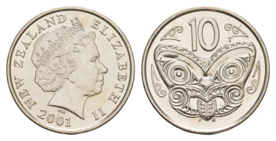 Новая Зеландия 10 центов 2001 Елизавета II (1952-2022), маска маори KM 117 медно-никель UNC 4652-656