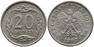 ПОЛЬША 20 ГРОШЕЙ 1992 MW KM 280 медно-никель 4387-648