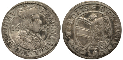 СВЯЩЕННАЯ РИМСКАЯ ИМПЕРИЯ, АВСТРИЯ, ТИРОЛЬ 3 КРЕЙЦЕРА 1648 ВЕЛИКИЙ ГЕРЦОГ ФЕРДИНАНД КАРЛ (1632-1662) KM 829, Tursky 517 серебро 413-421