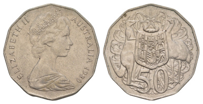 Австралия 50 центов 1980 Елизавета II (1952-2022), герб Австралии, кенгуру KM 68 медно-никель 4653-1132