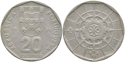 ПОРТУГАЛИЯ 20 ЭСКУДО 1989 INCM KM 634.1 медно-никель 1524-831