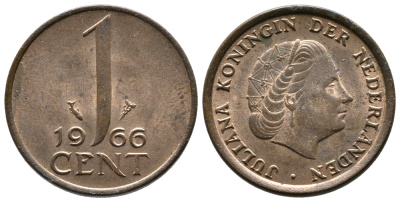 НИДЕРЛАНДЫ 1 ЦЕНТ 1966 ЮЛИАНА KM 180 бронза 83-967