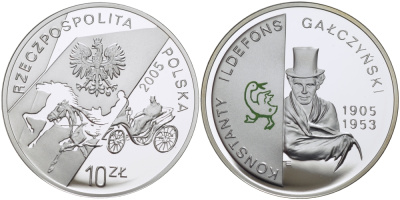 Польша 10 злотых 2005 MW, Константы Ильдефонс Галчиньский, поэт, гусь, цветная эмаль KM 537 серебро PROOF 1074-8-31