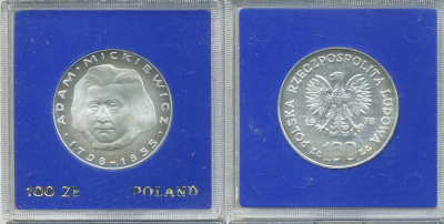 Польша 100 злотых 1978 MW, Адам Мицкевич (1798-1855), в оригинальной пластиковой упаковке KM 92 серебро PROOF 1069-2-22