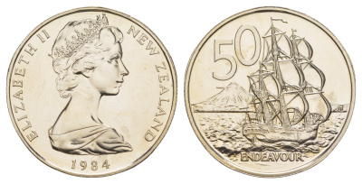 Новая Зеландия 50 центов 1984 Елизавета II (1952-2022), парусник Индевор, тираж 25.000 экземпляров KM 37 медно-никель BU 189-1121