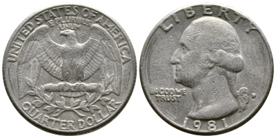 США 25 ЦЕНТОВ = КВОТЕР 1981 D, ВАШИНГТОН KM А164а медь плакированная медно-никелем 57-1044