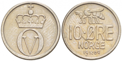 НОРВЕГИЯ 10 ЭРЕ 1969 ПЧЕЛА KM 411 медно-никель 4547-1042