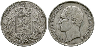 Бельгия 5 франков 1849 Леопольд I (1831-1865) KM 17 серебро 74-1114