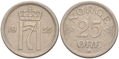 НОРВЕГИЯ 25 ЭРЕ 1955 KM 401 медно-никель 63-334