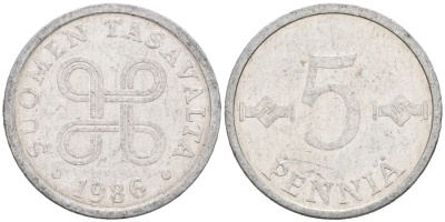 ФИНЛЯНДИЯ 5 ПЕННИ 1986 KM 45а алюминий 192-1231
