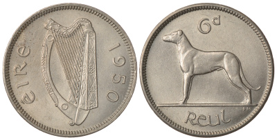 Ирландия 6 пенсов 1950 ирландский волкодав KM 13a медно-никель aUNC 1525-843