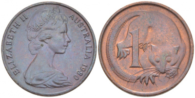 АВСТРАЛИЯ 1 ЦЕНТ 1980 ЕЛИЗАВЕТА II, МОЛОДОЙ ПОРТРЕТ, ОПОССУМ КМ 62 бронза 3851-1117