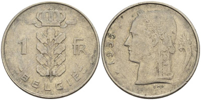 БЕЛЬГИЯ 1 ФРАНК 1955 BELGIE KM 143.1 медно-никель 4546-342