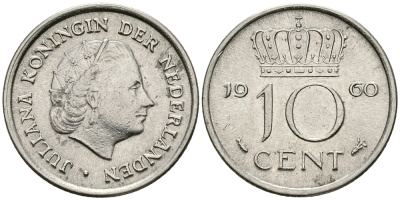 НИДЕРЛАНДЫ 10 ЦЕНТОВ 1960 ЮЛИАНА KM 182 никель 96-444