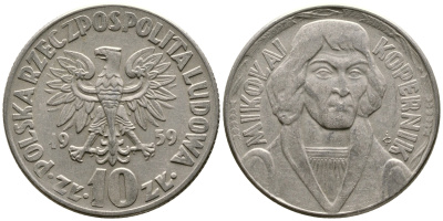 ПОЛЬША 10 ЗЛОТЫХ 1959 НИКОЛАЙ КОПЕРНИК KM 51 медно-никель 3334-323