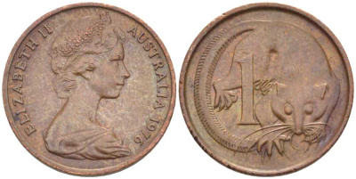 АВСТРАЛИЯ 1 ЦЕНТ 1976 ЕЛИЗАВЕТА II, МОЛОДОЙ ПОРТРЕТ, ОПОССУМ KM 62 бронза 100-819