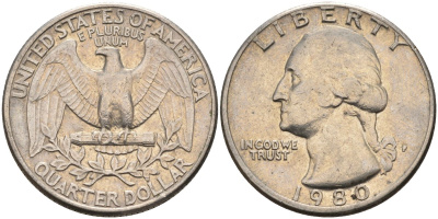 США 25 центов (квотер) 1980 D, Вашингтон KM A164a медь плакированная медно-никелем 4592-221