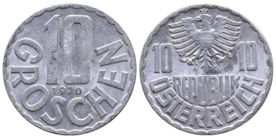 АВСТРИЯ 10 ГРОШЕЙ 1970 KM 2878 алюминий 26-1158