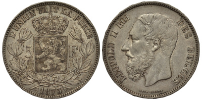 Бельгия 5 франков 1873 Леопольд II (1865-1909), позиция А KM 24 серебро 443-513