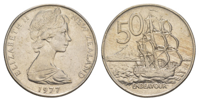 Новая Зеландия 50 центов 1977 Елизавета II (1952-2022), парусник Индевор KM 37 медно-никель 189-236
