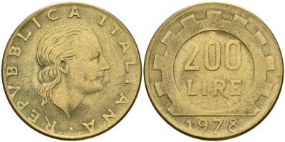 Италия 200 лир 1978 R, шестерня KM 105 алюминиевая бронза 4171-953