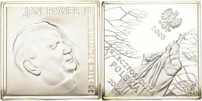 Польша 20 злотых 2003 MW, 25 лет Пантификата, Иоанн Павел II, размер 40Х40 мм., в пластике KM 471 серебро PROOF 1072-7-33