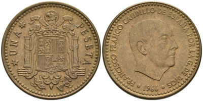 Испания 1 песета 1966 (67) Франсиско Франко (1939-1975) KM 796 алюминиевая бронза 4571-1133