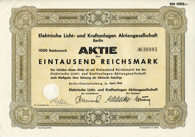 Германия 1000 рейхсмарок 1943 АО Электрические осветительные и энергетические установки, Берлин, акция   бумага  8804-80-1