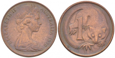 АВСТРАЛИЯ 1 ЦЕНТ 1970 ЕЛИЗАВЕТА II, МОЛОДОЙ ПОРТРЕТ, ОПОССУМ КМ 62 бронза 3955-452