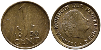 НИДЕРЛАНДЫ 1 ЦЕНТ 1950 ЮЛИАНА KM 180 бронза 4392-1352
